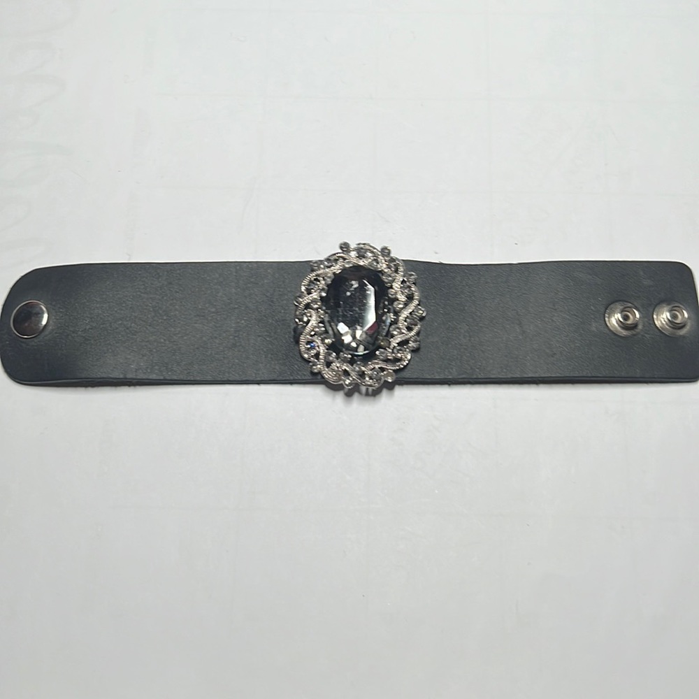 Wide leather and rhinestone cuff handmade from Etsy